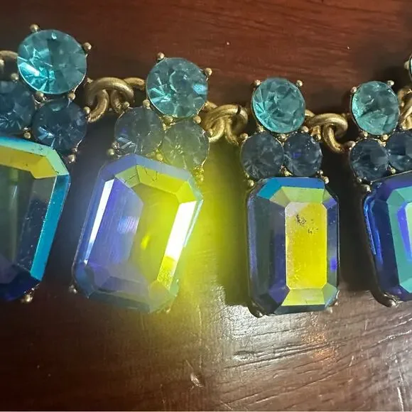 J. Crew Rare Brûlée Iridescent Blue Teal Crystal Gem Statement Necklace * flaw - Picture 12 of 16